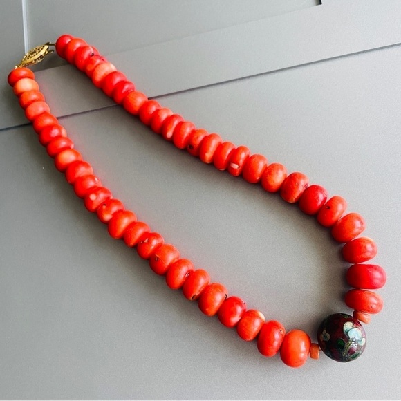 Vintage Natural Round Carved Coral & Cloisonné Bead Antique Chinese Neck… - Picture 4 of 8